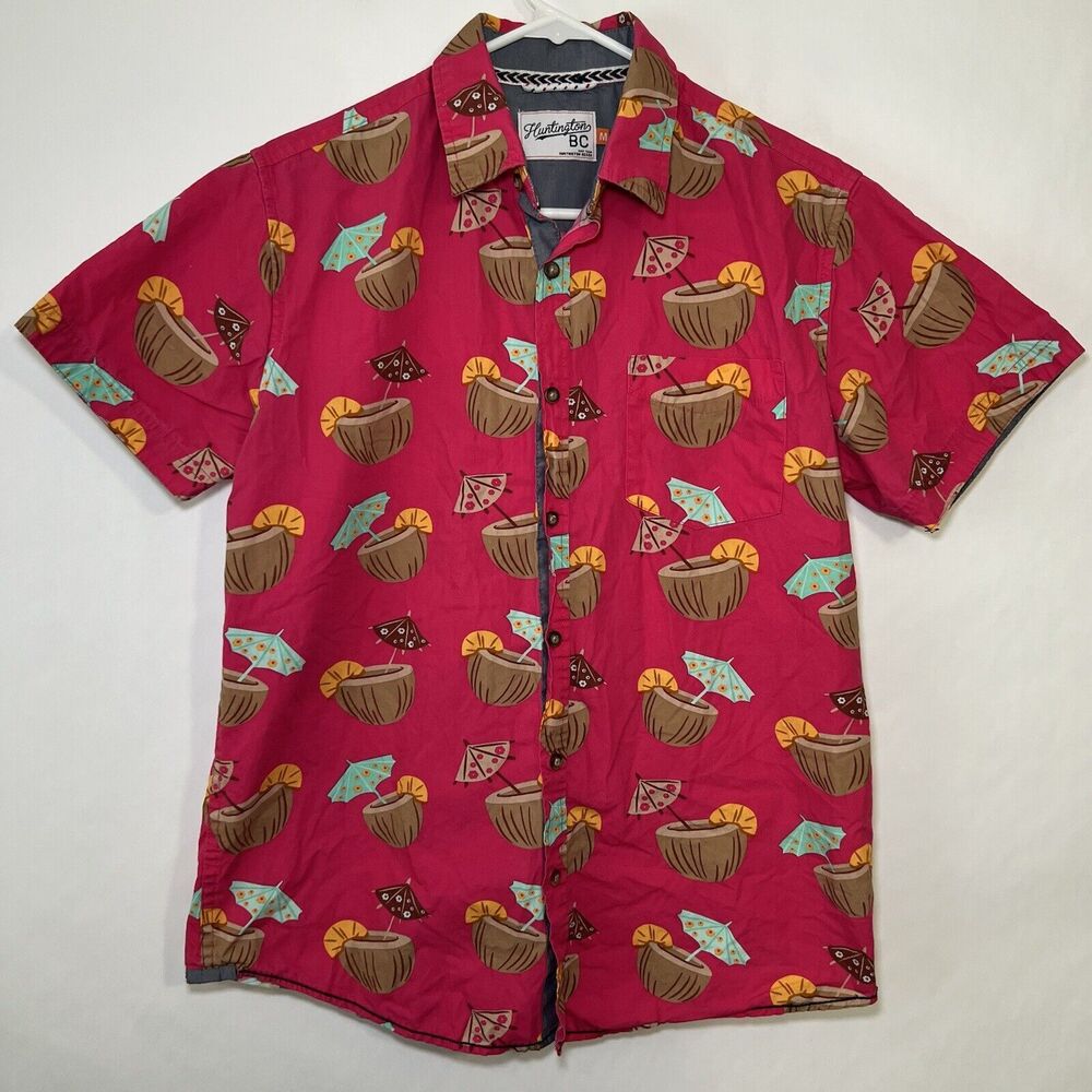 Huntington BC Short Sleeve Button Up Shirt Mens Size Medium Pink Coconut AOP